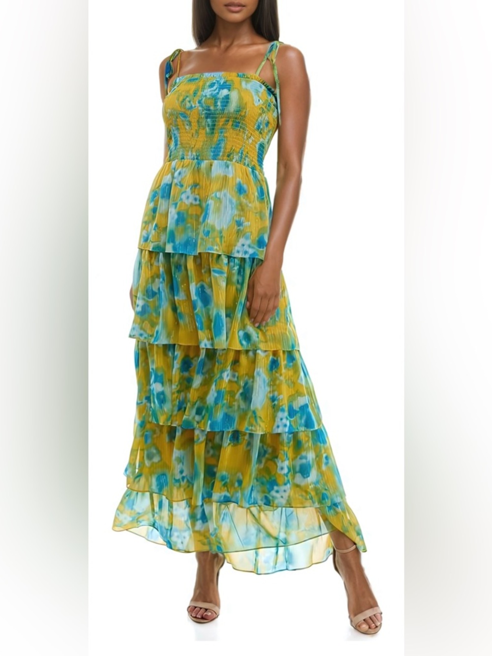 SOCIALITE TIERED MAXI SUNDRESS TIE-SHOULDER WOMENS GLITTER YELLOW/BLUE SIZE XS